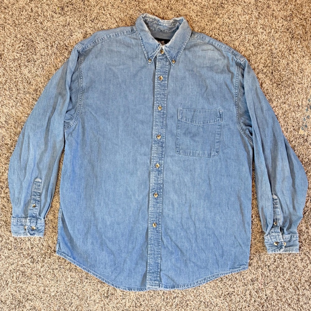 Eddie Bauer Mens Denim Button Down Shirt Light Wash Cotton Long Sleeve Size M